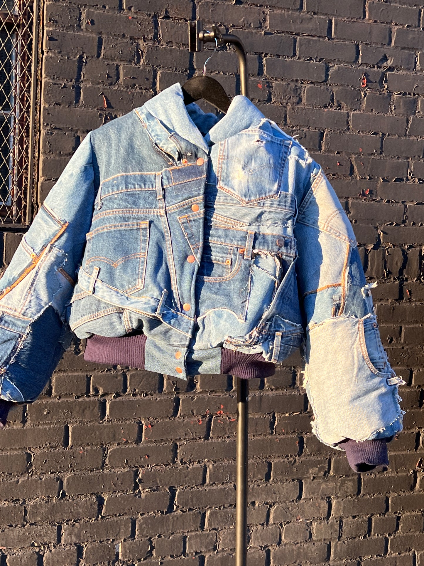 Blue Tux Bomber – Upcycled Denim Puffer Jacket