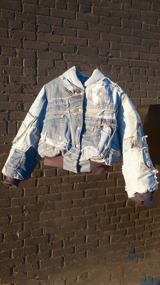 Blue Tux Bomber – Upcycled Denim Puffer Jacket